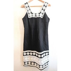 Calderon Vintage Black Shift Dress White Crochet Lace Trim Pintuck Sleeveless